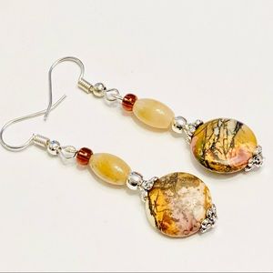 Gorgeous Light Brown Cream Picasso Jasper Earrings With Golden Aventurine Stones